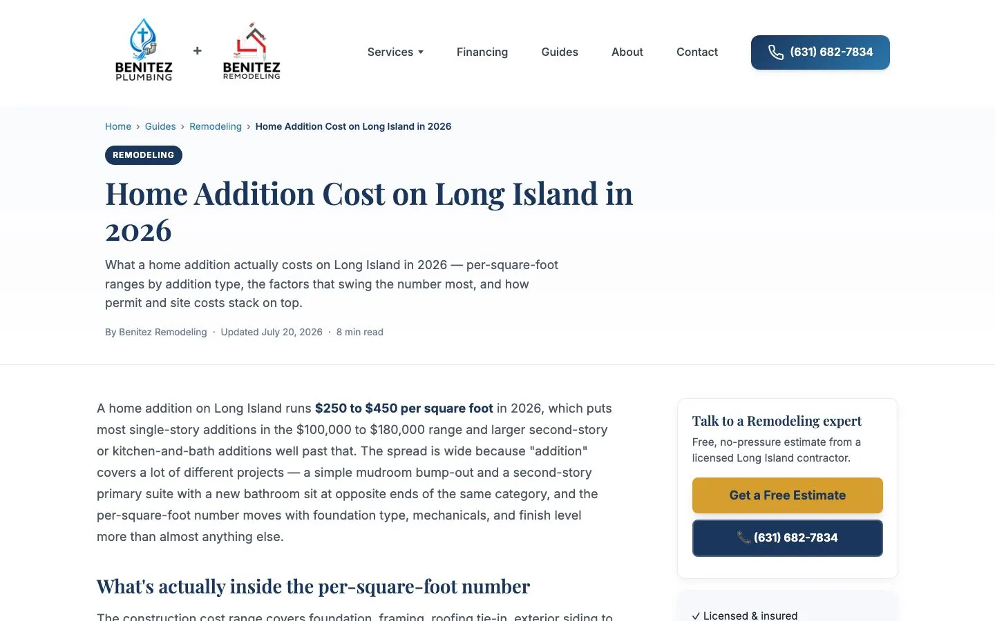 Benitez guide to home addition costs on Long Island