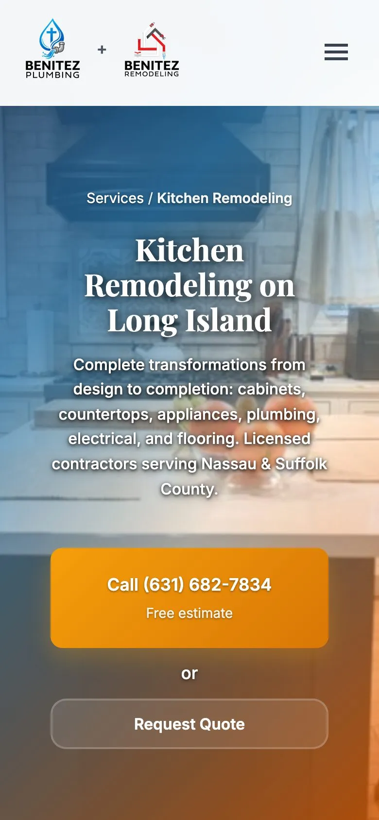 Benitez kitchen remodeling page on a phone