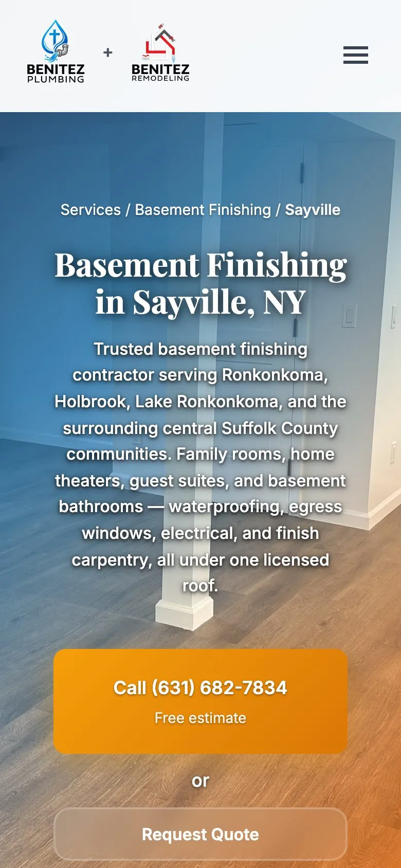 Sayville basement finishing page on a phone
